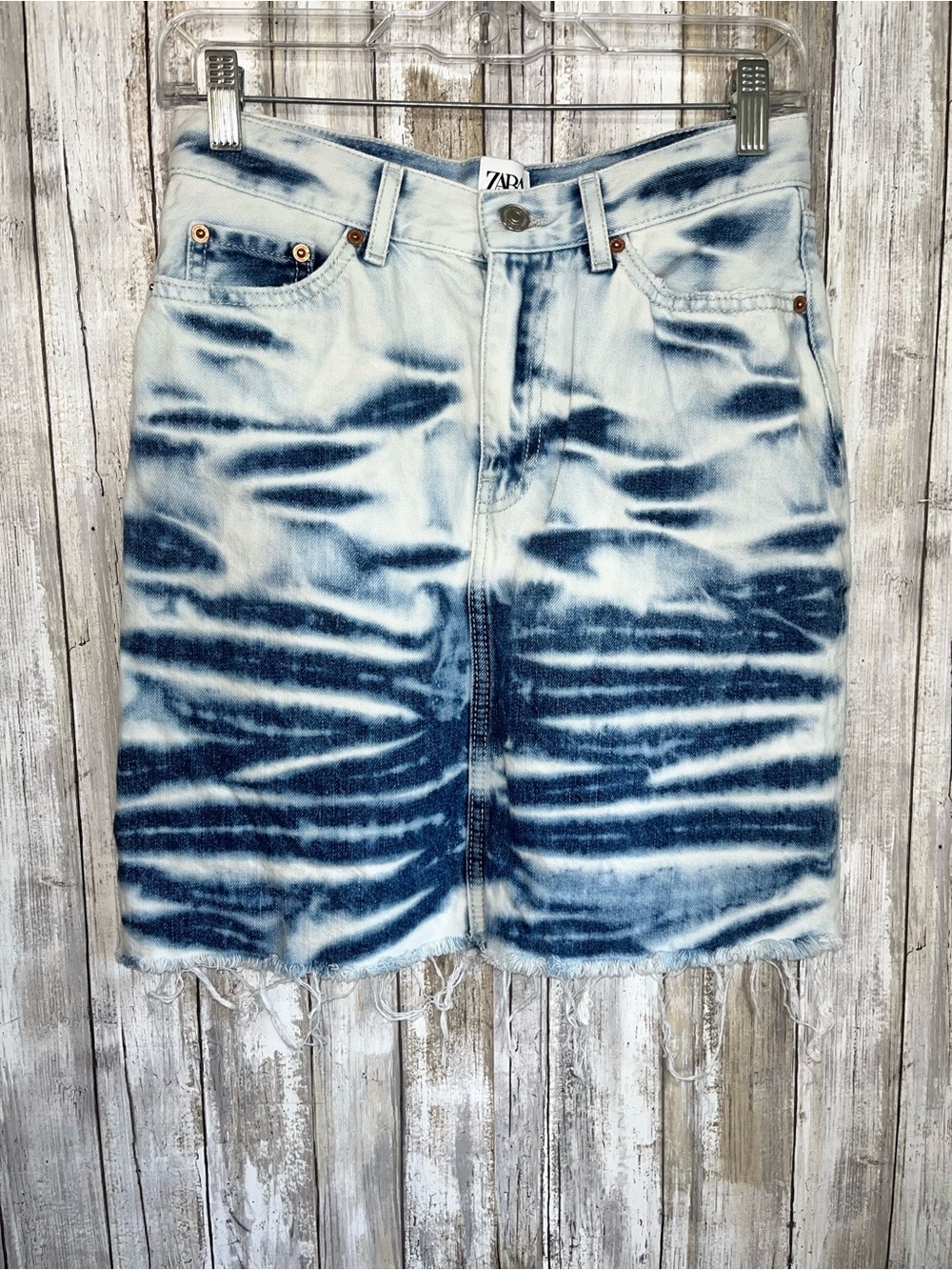 Zara Tie Dye Denim Mini Skirt High Rise Raw Hem Festival Y2K Size S